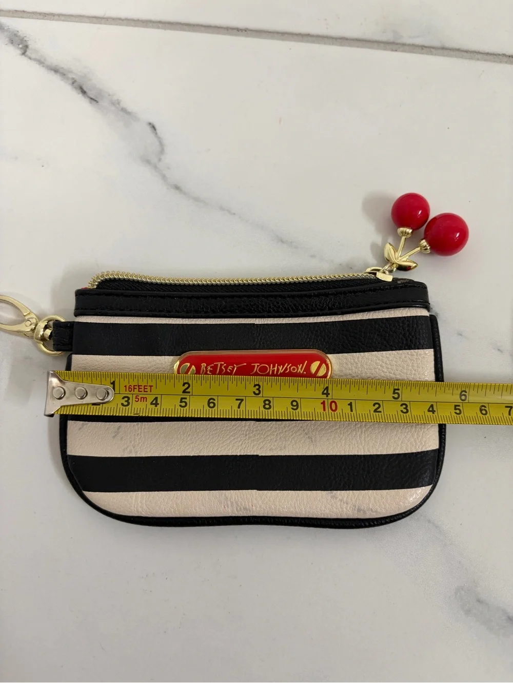 Betsey Johnson Black & Cream Striped Card Holder with Cherry Charm